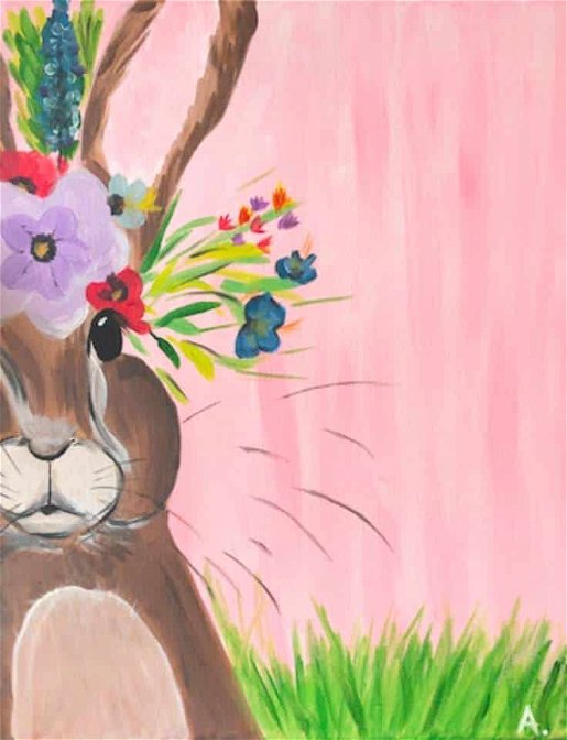 Pinot & Picasso Boho Bunny artwork is of an easter bunny with flowers on it's head and ears.