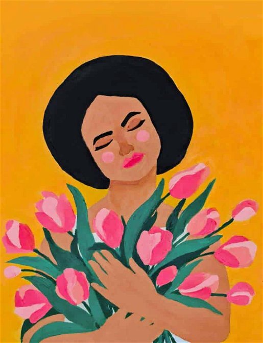 a woman holding a bunch of flowers with her eyes closed is a popular artwork at Pinot & Picasso