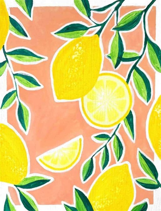 Pinot & Picasso Lemoncello artwork is of lemons and leaves painted in front of a pink background