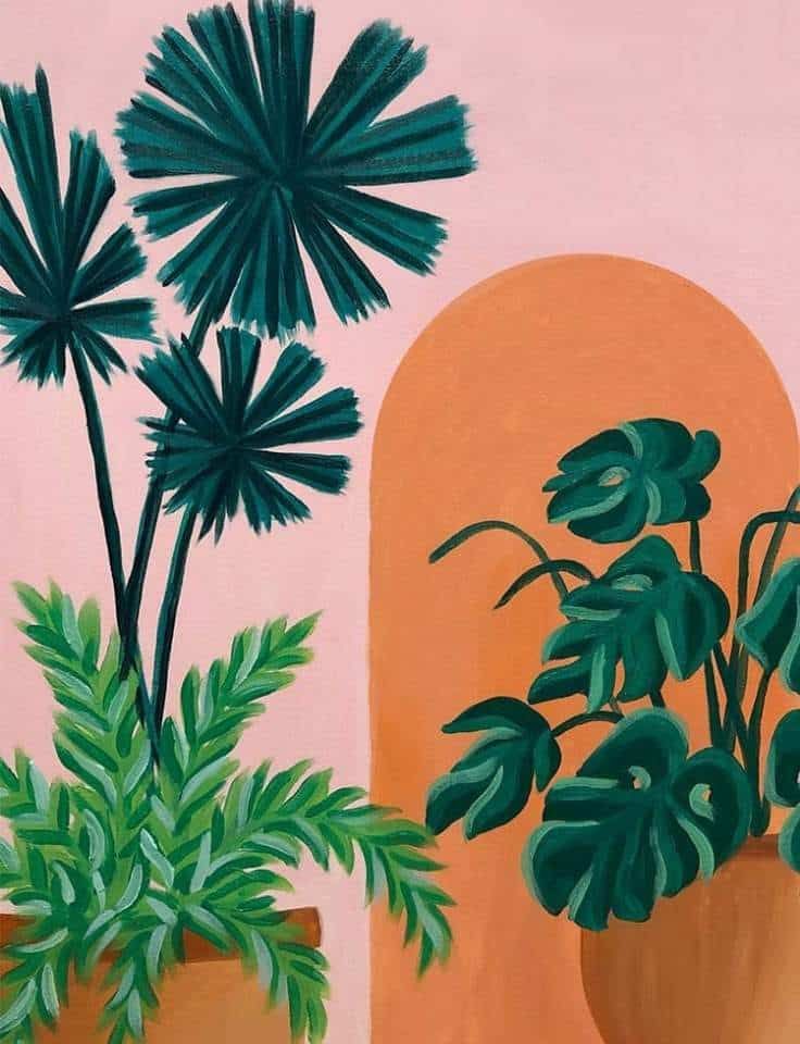 Pinot & Picasso Plants Over People artwork has monsteria, fern and a palm tree in pots painted in front of a pink wall with an orange arch
