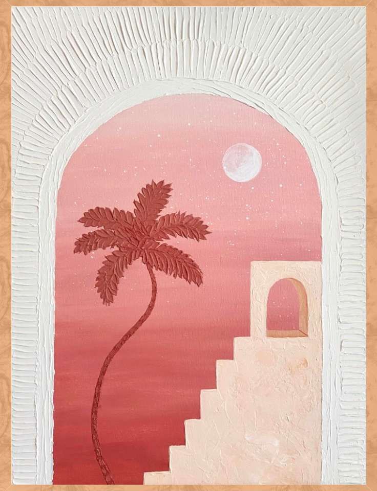 Pinot & Picasso Textured Art Dusk Dancer with white 3-D textured paint outlining an archway with a pink palm tree and staircase in the centre
