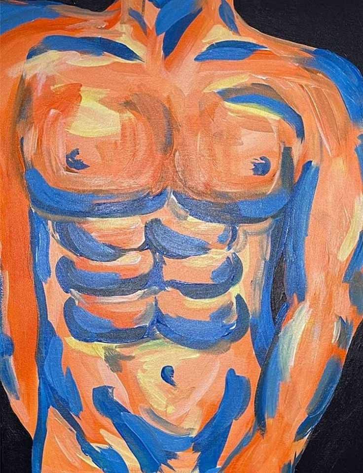 Pinot & Picasso Adonis is an abstract painting of a man with blue and orange muscles at Pinot and Picasso