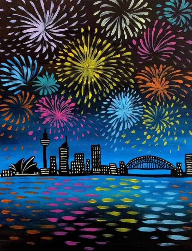 Pinot & Picasso Cracker is a painting of fireworks over the sydney skyline.