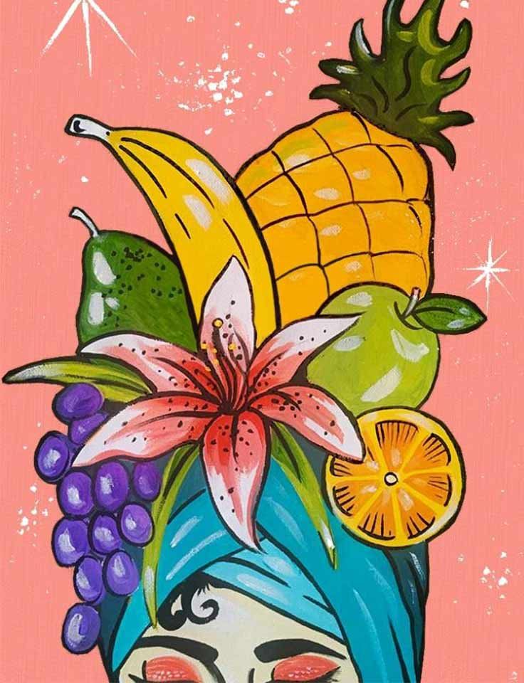 Pinot & Picasso Havana Nights is an artwork painted of a woman with grapes, bananas, pineapple, oranges, apples and pears on her head.