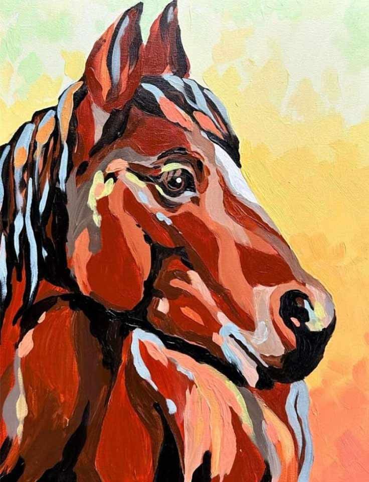 Pinot & Picasso Hold Your Horses artwork is a side profile of a horse with abstract colours for shading and highlights