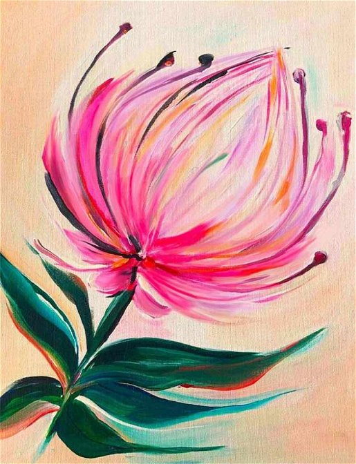 Pinot & Picasso King Protea is a painting of one pink protea flower that covers most of the canvas and has a beige background.