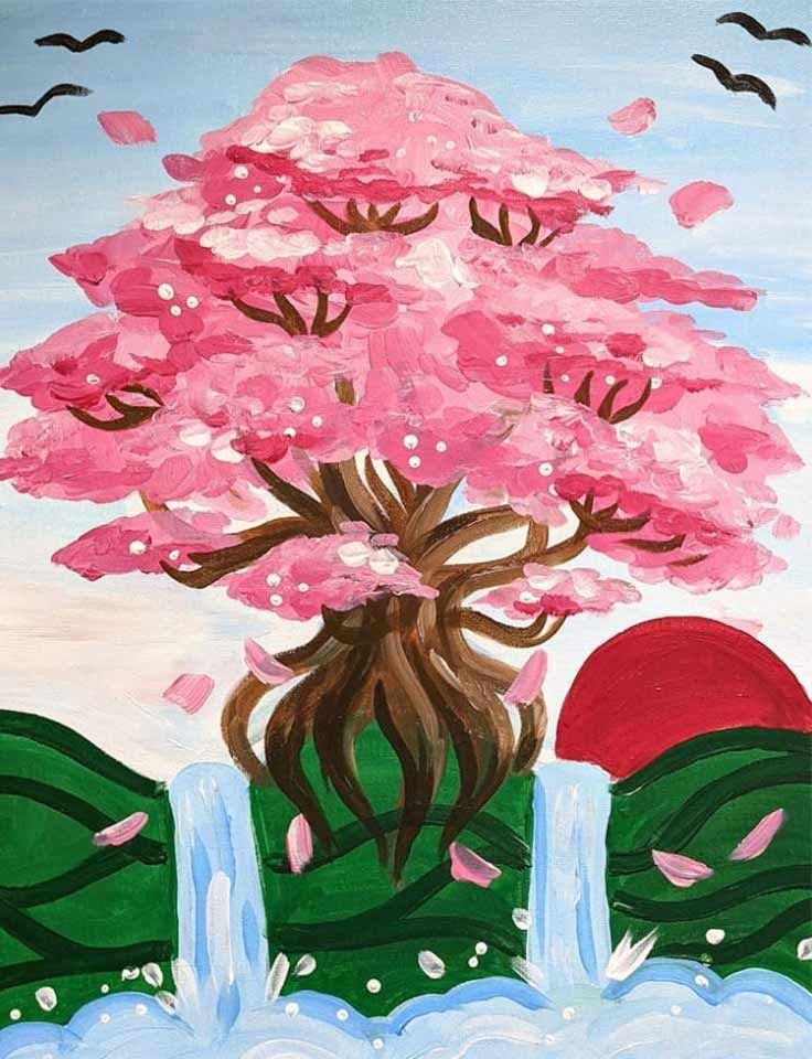 Pinot & Picasso Lost In Japan artwork of a large pink blossom tree and running waterfalls beside it