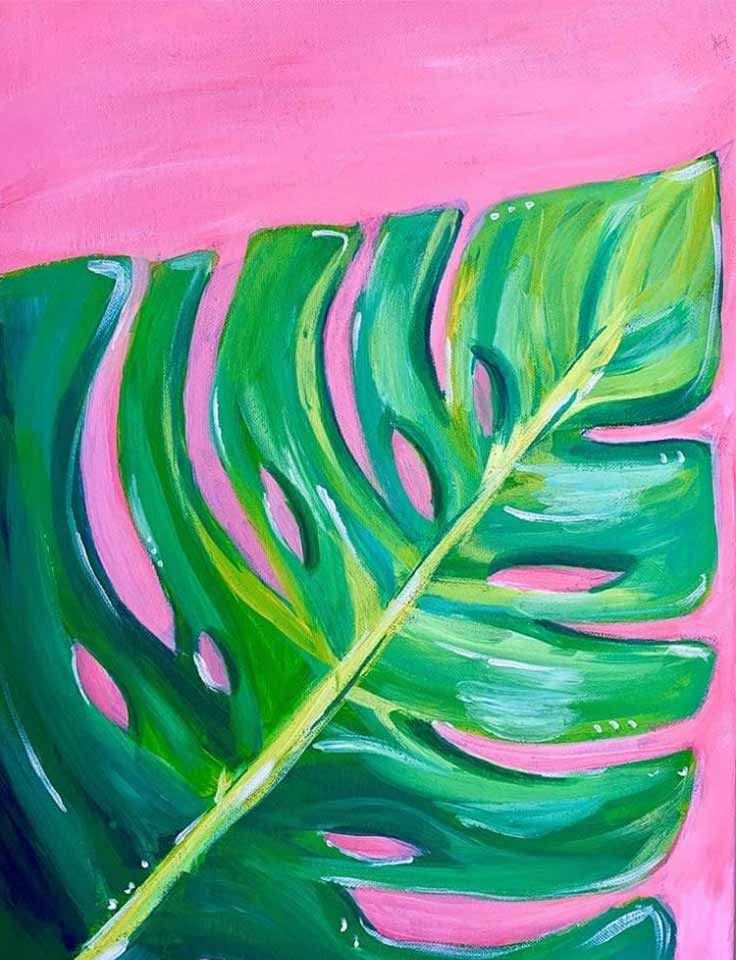 Pinot & Picasso Monstera deliciousa artwork has a pink background with a large green leaf from the monstera plant painted most of the canvas
