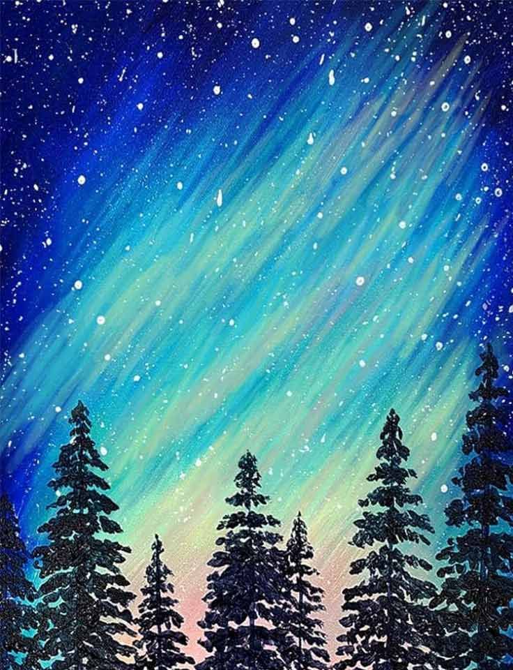 Pinot & Picasso Northern Lights artwork of pine trees set below a starry night sky
