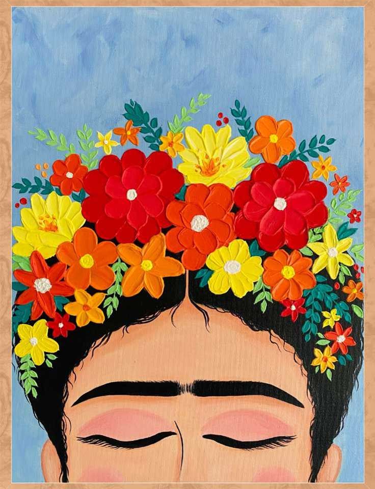 Pinot & Picasso Textured Artwork of Frida Kahlo on it with half of her face covered and the other half with flowers and her eyes closed