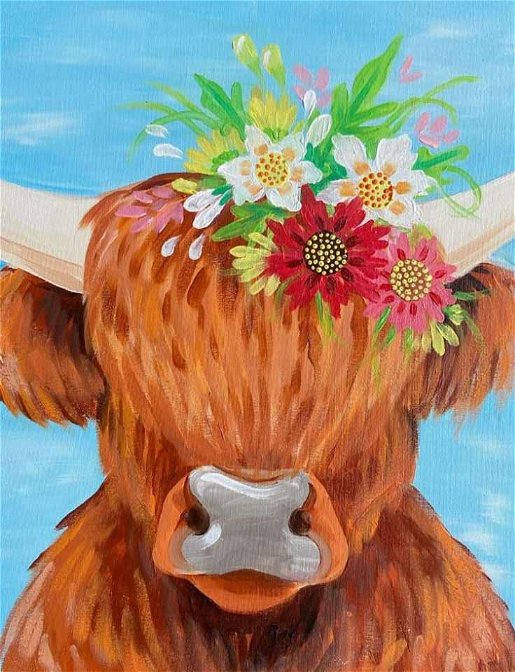 Pinot & Picasso Udderly Adorable artwork of a bull with flowers and is a best seller