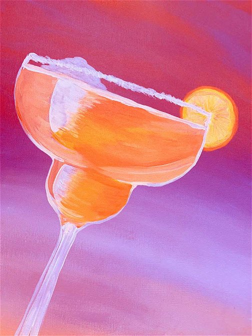 Pinot & Picasso Cocktail time has a large orange cocktail drink inside a coup glass with a lemon on the outside and a painted purple background