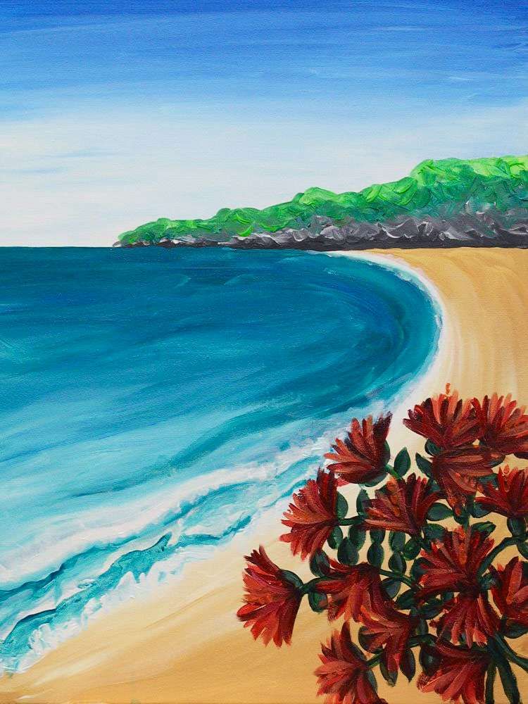 Pinot & PIcasso kirihimete artwork has red flowers over looking a beach sea-side with mountains in the background