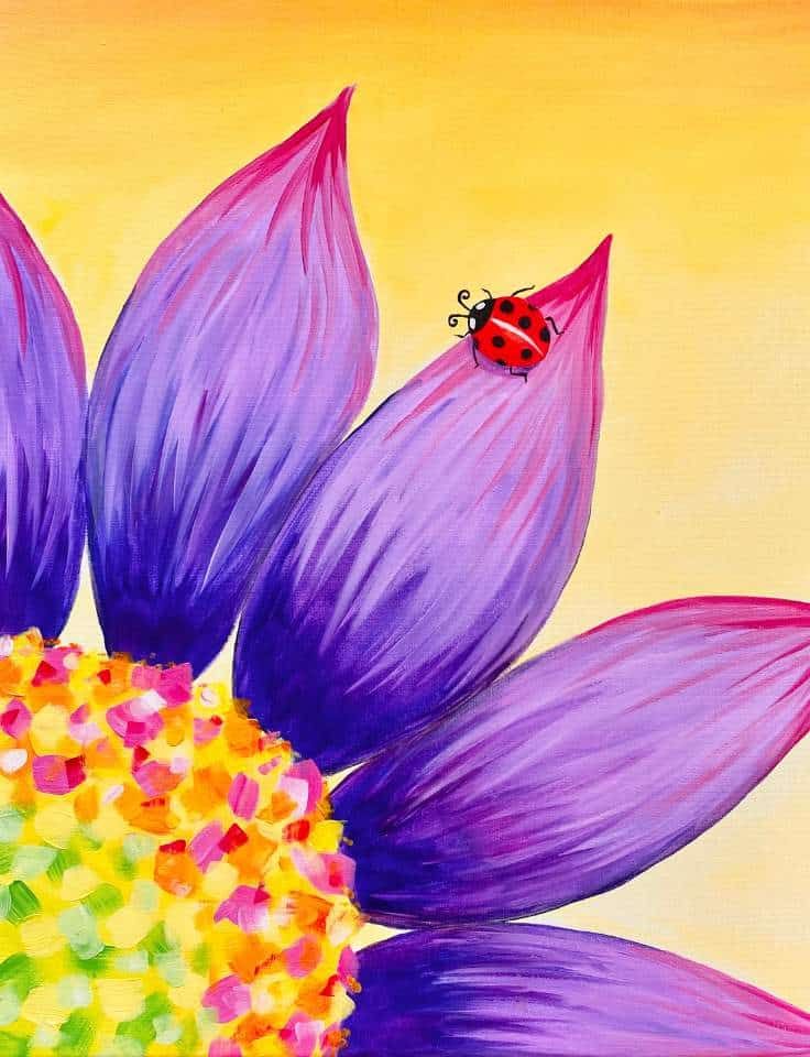 a lady bug sitting on a large purple petal flower painting from Pinot & Picasso
