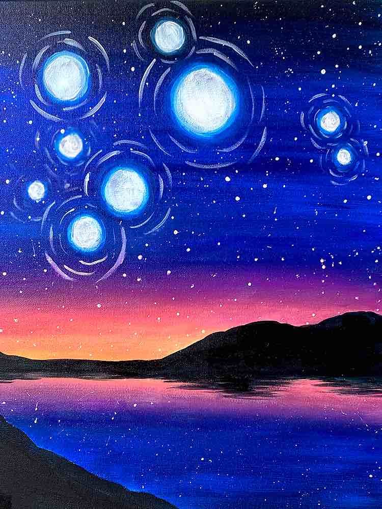 Pinot & Picasso Matariki artwork has stars and planets shining bright in a dark sky over a lake and mountains