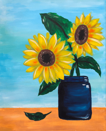 two sunflowers in a vase on a table with one leaf falling off is an artwork at Pinot & Picasso
