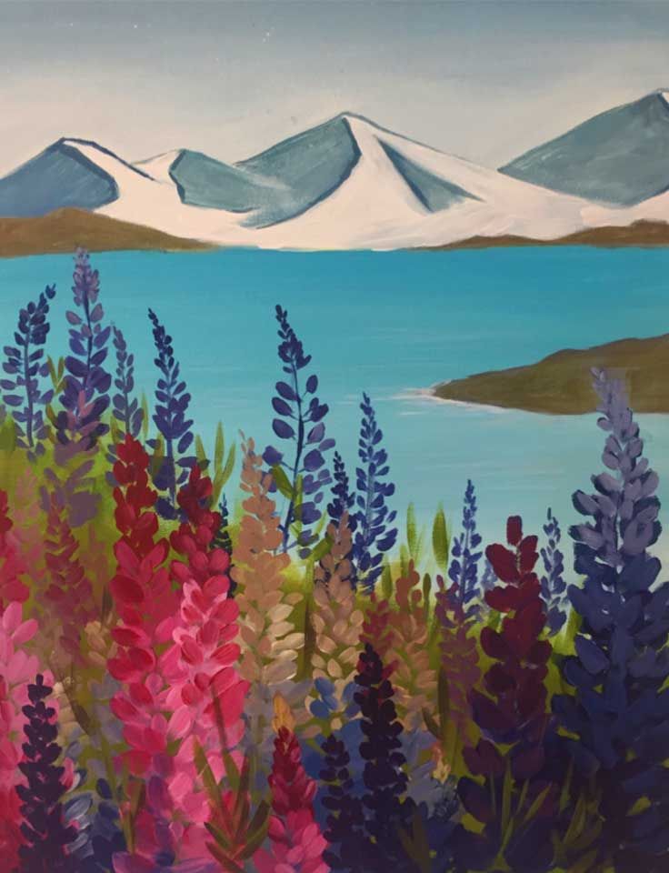 A painting of flowers in front of Lake Tekapo with mountains in the background. A painting of flowers in front of a lake with mountains in the background. Pinot and Picasso