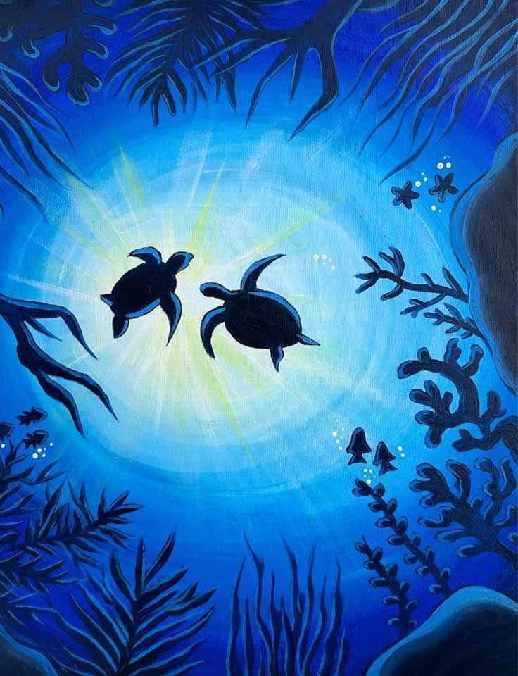 painting of two turtles under the sea looking from the seabed up to the sky by Pinot & Picasso