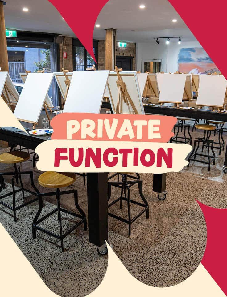 Pinot and Picasso studio with tables, stools, easels canvases and paints in the background of a private function poster
