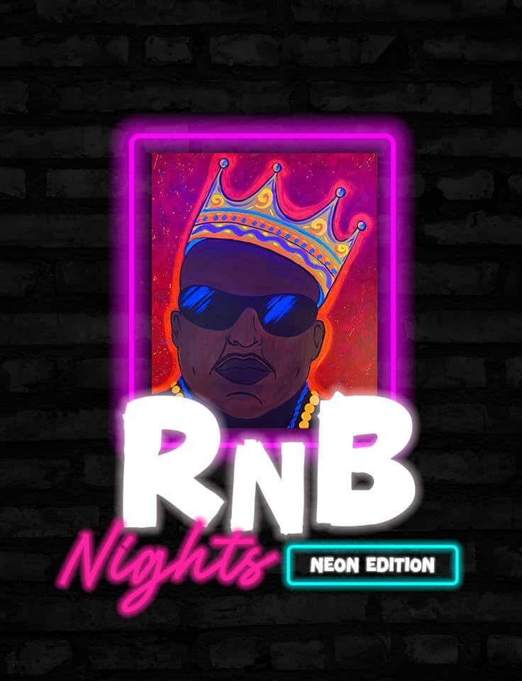 Pinot and Picasso hosts RnB Neon Nights paint and sip classes painting Biggie Smallz with a crown tilted on his head