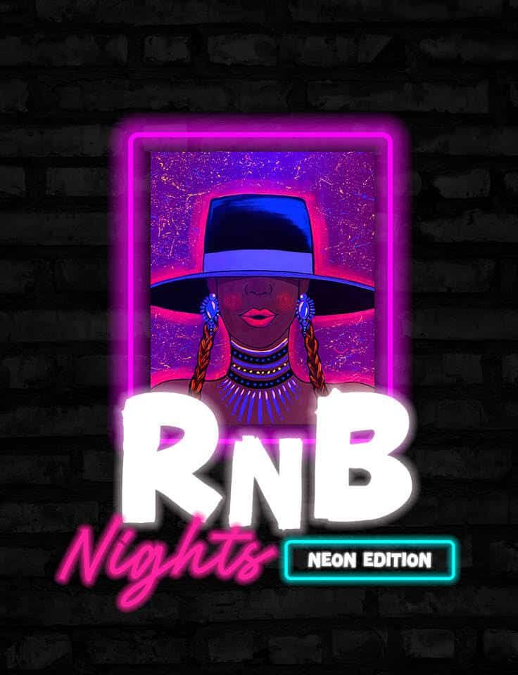 Pinot & Picasso RnB Neon Nights has Beyonce wearing an oversized hat big hoops and a choker necklace chain illuminated for a sip session session