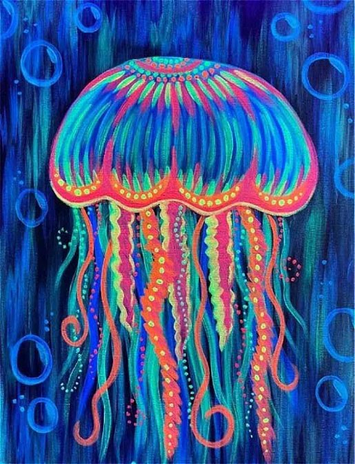 Pinot & Picasso Neon Nights artwork of a glow in the dark jelly fish