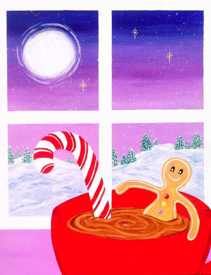 a gingerbread man in a cup of hot cocoa with a candy cane at Christmas Pinot and Picasso artwork