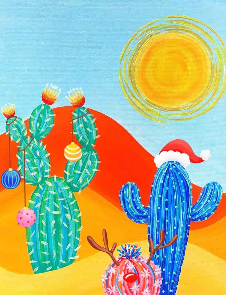 Pinot & Picasso Country Cactus has a large yellow sun beaming down onto a green blue and red cactus with Christmas decorations on them