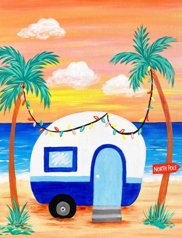 Pinot & Picasso Good Vibrations artwork of a beach with palm trees with fairy lights over a campervan for Christmas.
