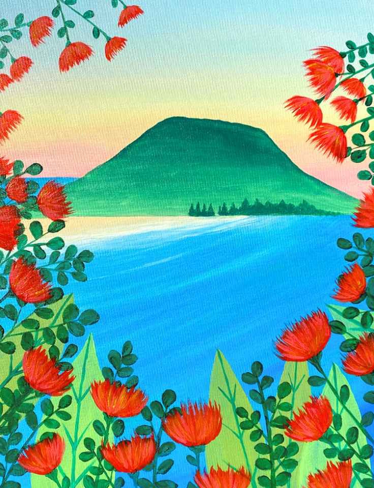 Pinot and Picasso Kirihimete focuses on the mountains in the bacground overlooking the sea and has red flowers surrounding the forefront of the painting