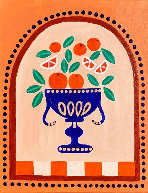 Pinot & Picasso Pomona Paradise is an artwork with oranges and leaves flying out of a blue vase and orange background.