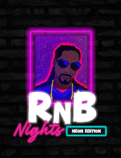 Pinot & Picasso RnB Neon Nights has Snoop dogg with glasses and a gold chain on illuminated by the glow in the dark paint and sip session